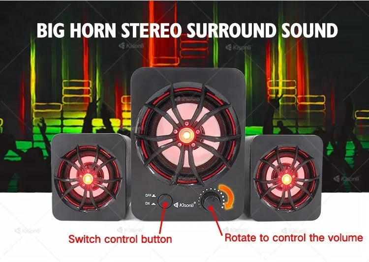 Green U-2600 mini 2.1 USB computer speaker with glowing colourful lights on a desk.