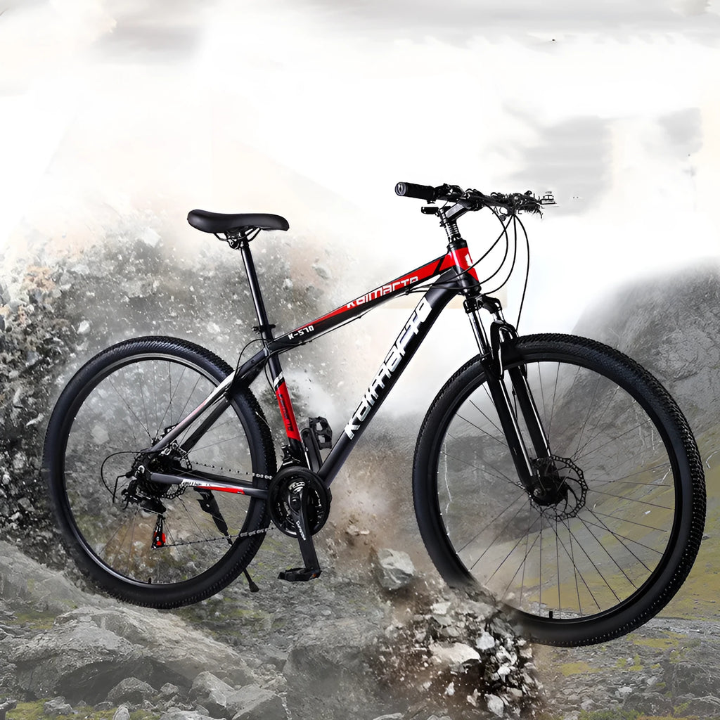 Aluminium alloy mountain bike with disc brakes and front suspension in black and blue colour