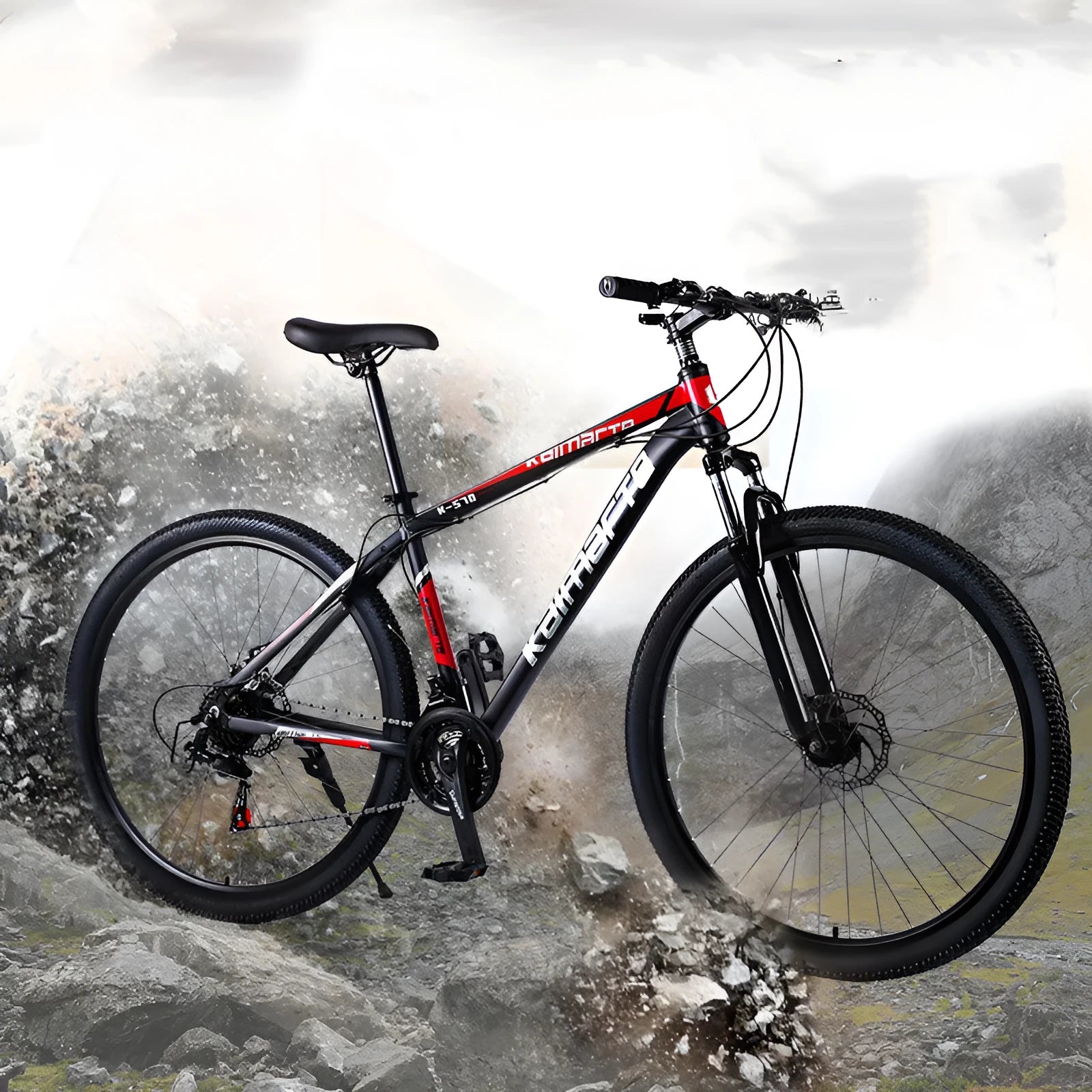 Aluminium alloy mountain bike with disc brakes and front suspension in black and blue colour