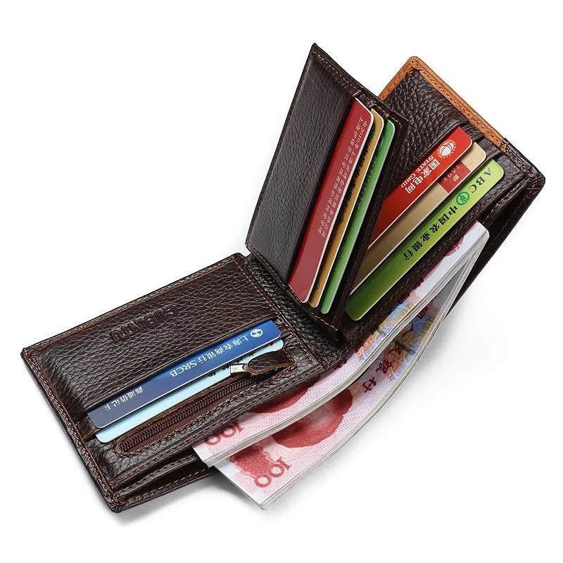 Horizontal brown leather men's wallet with contrast stitching, shown open to reveal card slots and a zippered coin pocket.