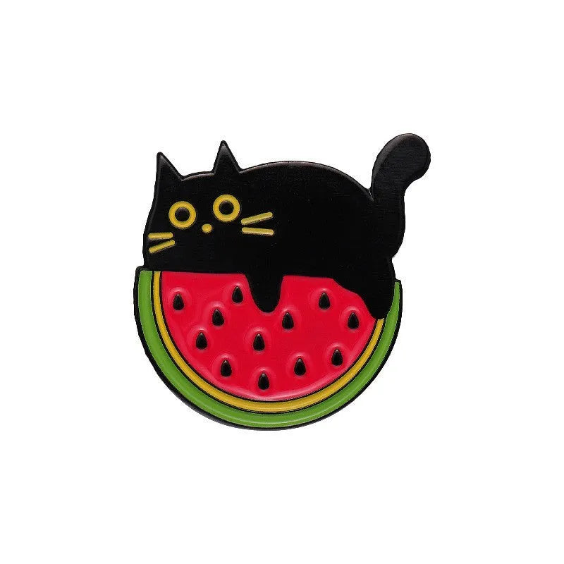 Colourful cartoon fruit design metal brooch with a silver pin fastener on the back.