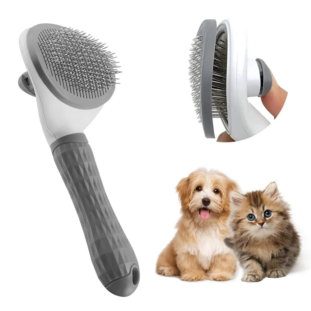 A grey cat grooming brush with a release button and fine wire bristles, shown removing loose fur.