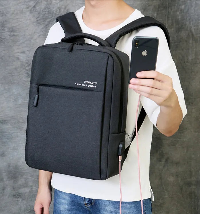 Waterproof shockproof rechargeable laptop backpack in Oxford cloth showing size options for 14-inch and 15.6-inch computers