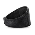 Black self-heating magnetic therapy neck guard with adjustable shoulder strap shown flat.