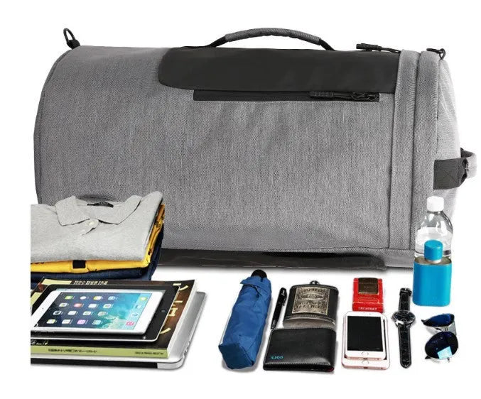 Large-capacity waterproof duffel bag for men, polyester, 36-55L, cylinder shape, light grey colour