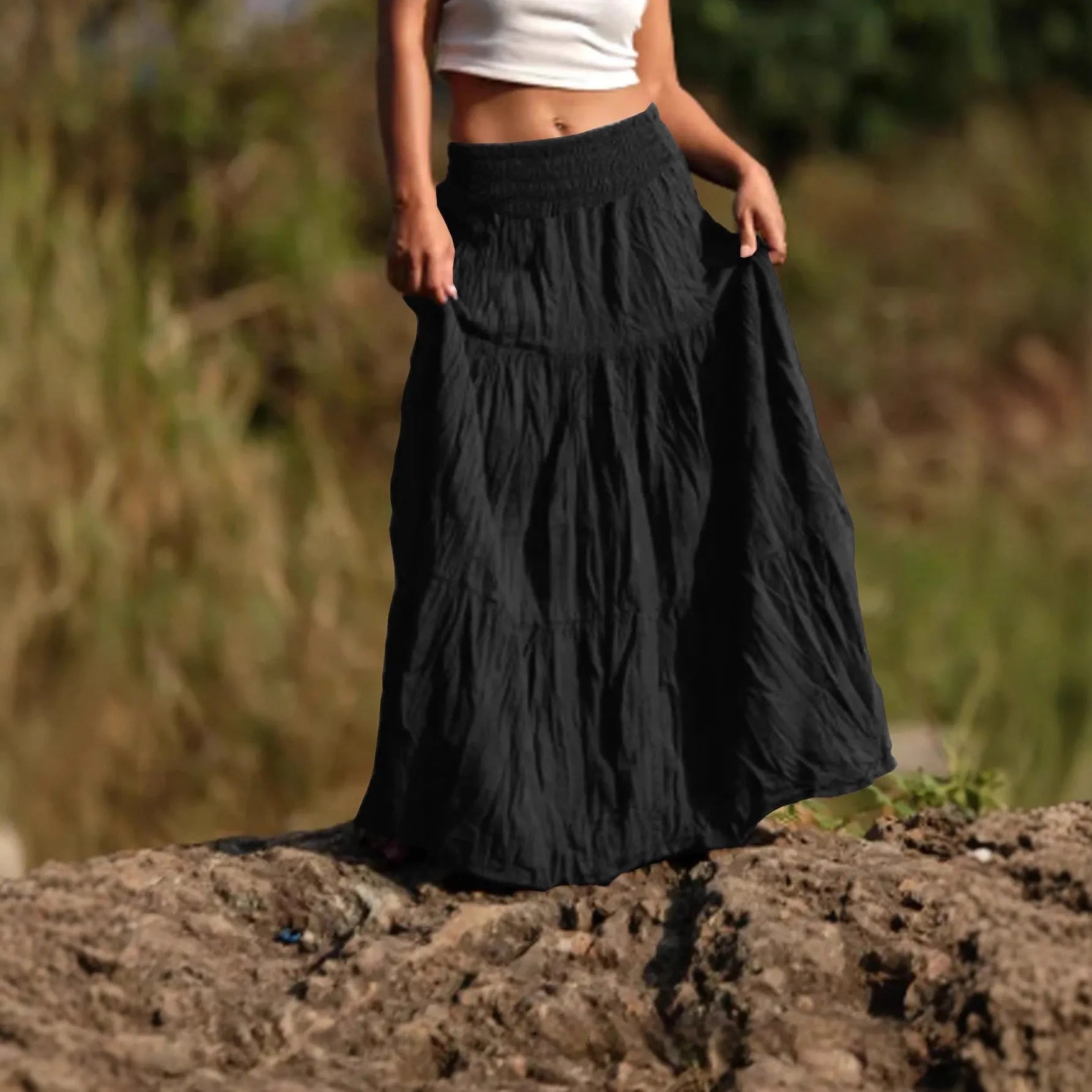 Women's beige waist smocking mid-length retro skirt with folding details