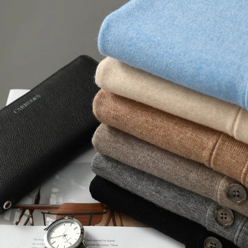 Men's loose-fit V-neck cardigan coat in Andy velvet fabric shown in beige colour.