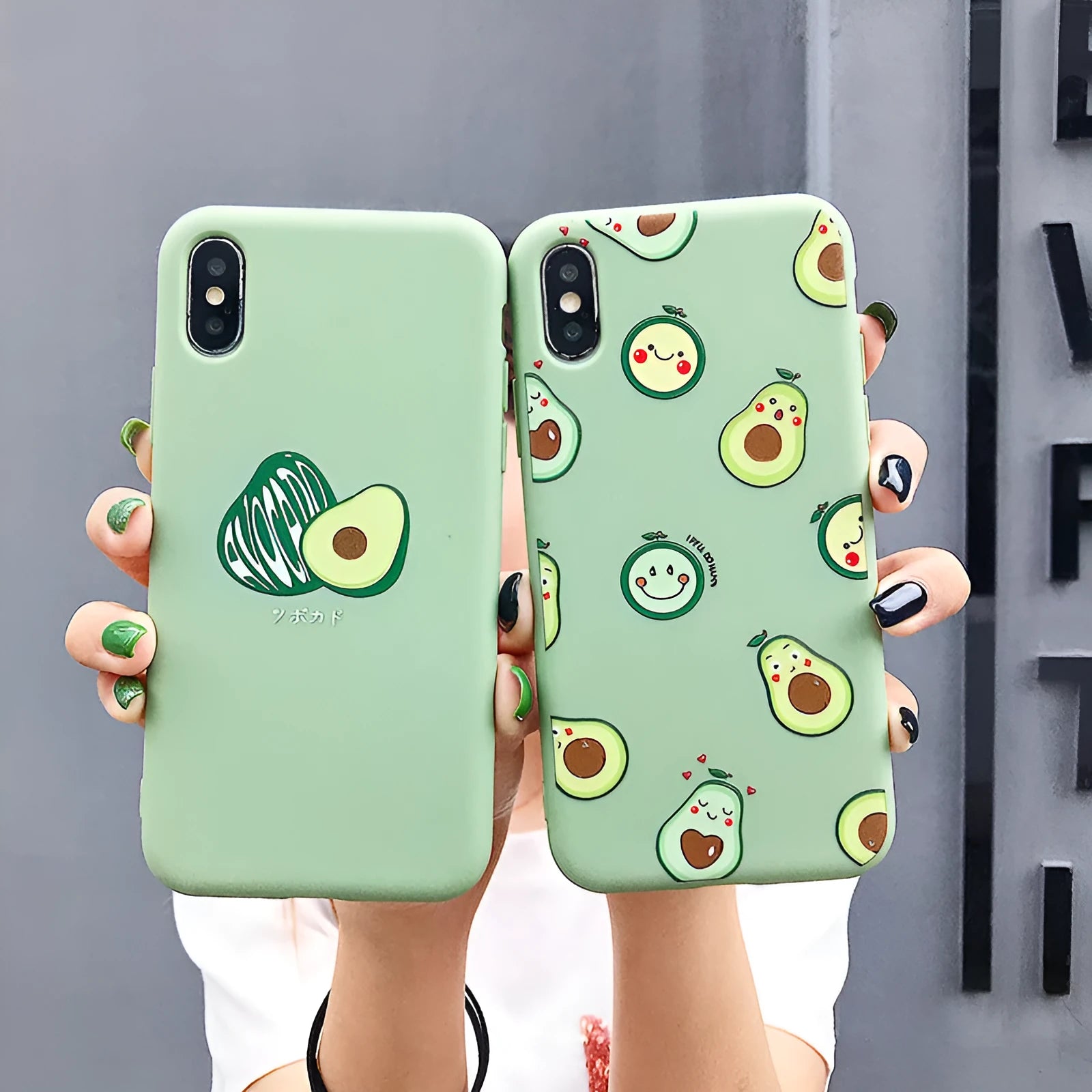 A flexible TPU phone case with a colourful painted cartoon avocado design on the back.