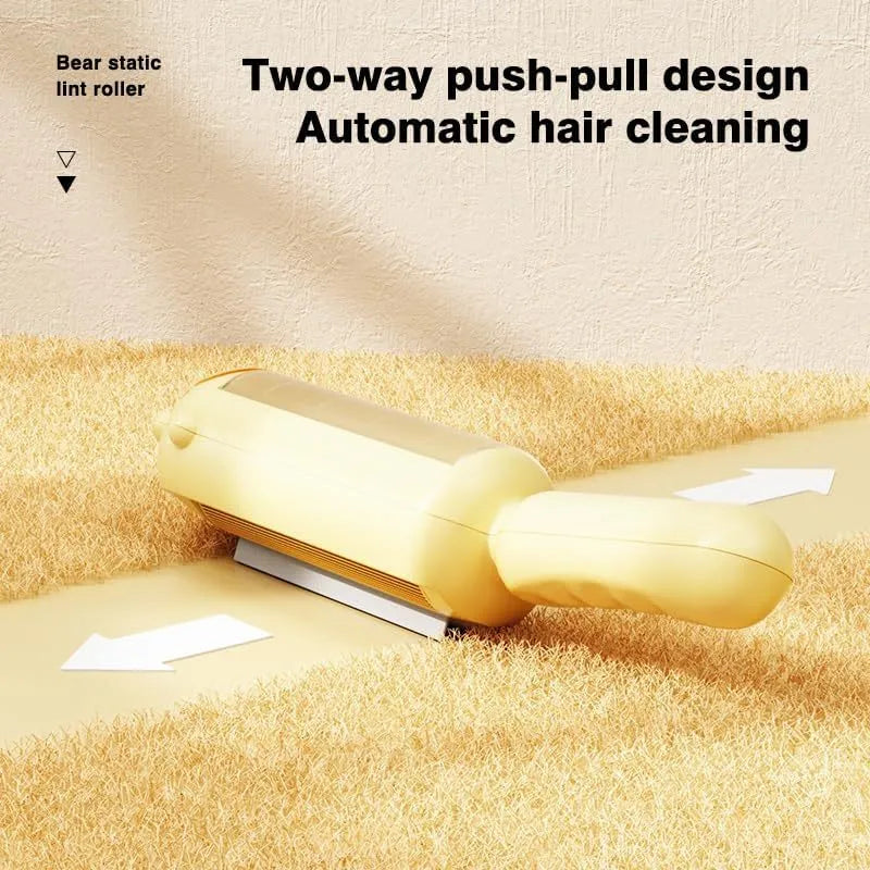 Blue reusable pet hair remover tool with self-cleaning base on a carpet.