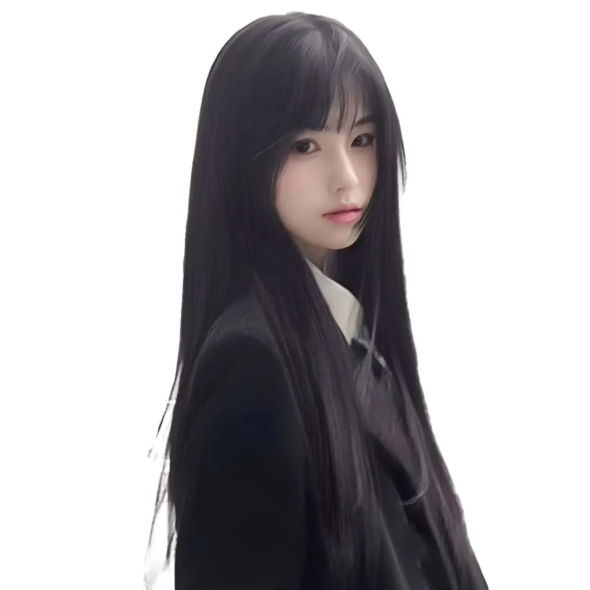 Long straight black synthetic wig with bangs, shown in brown black and cold brown colour options.