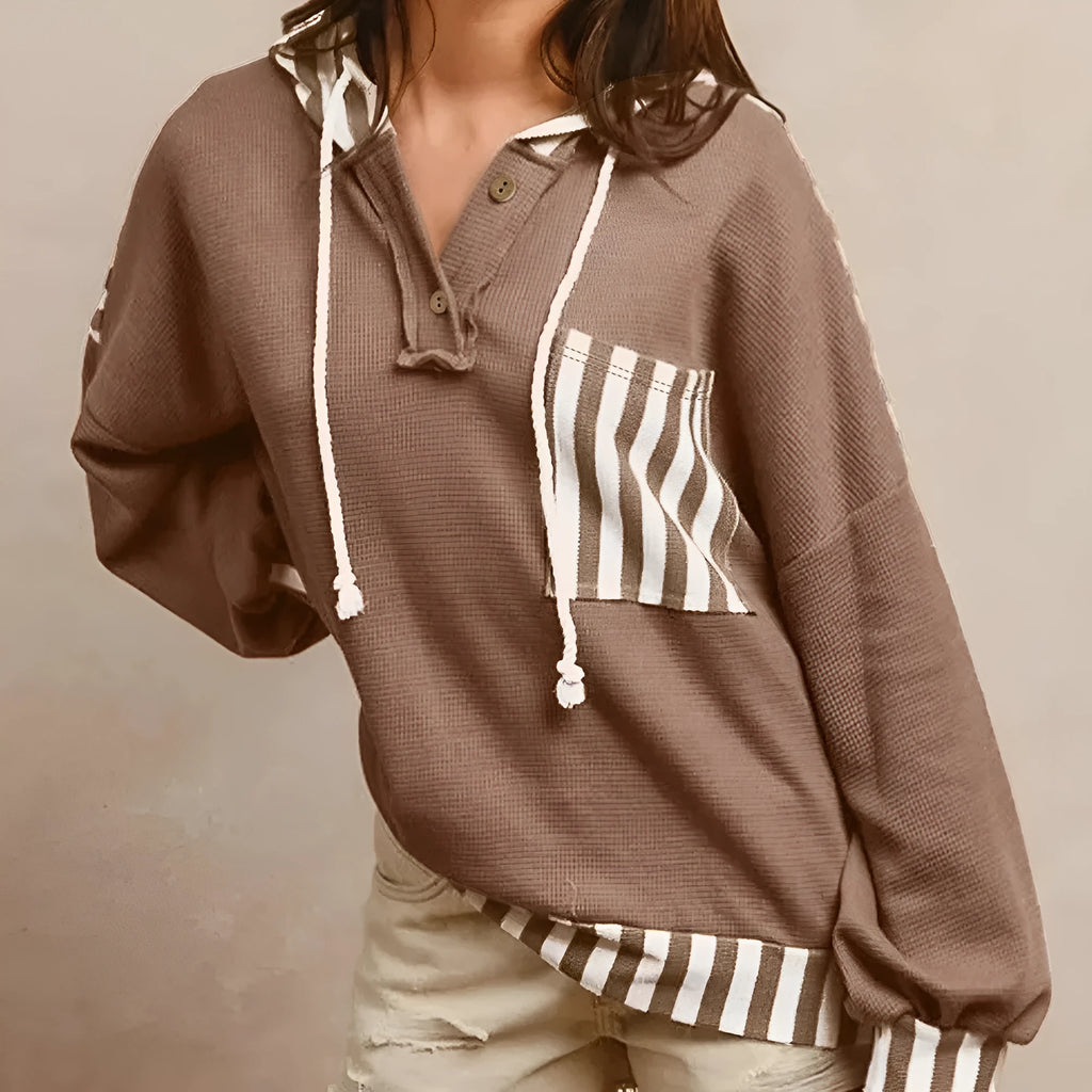 Straw yellow waffle texture striped patchwork hoodie with button neck and drawstring hood