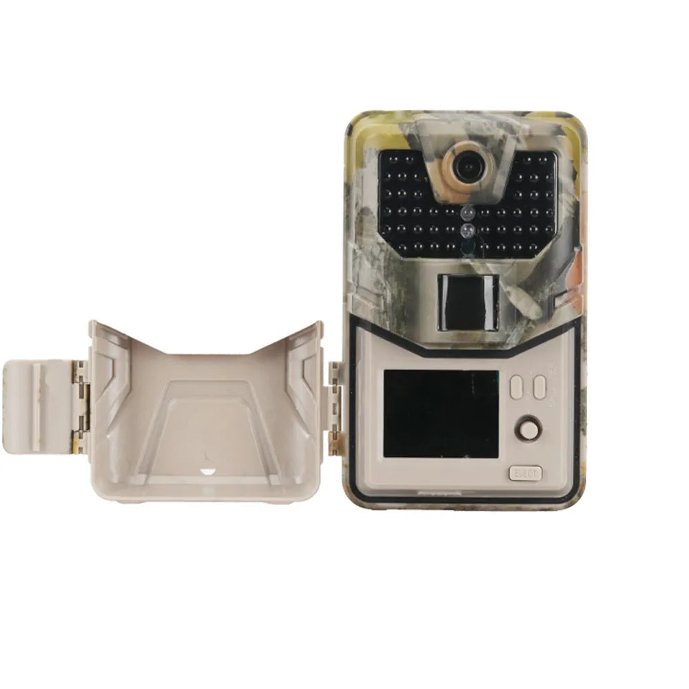 Camouflage trail camera with infrared LEDs, showing compact size for outdoor wildlife monitoring and security.