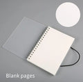 Plastic cover spiral coil notebook with transparent PVC cover and elastic rope, A5 size, cream paper pages visible