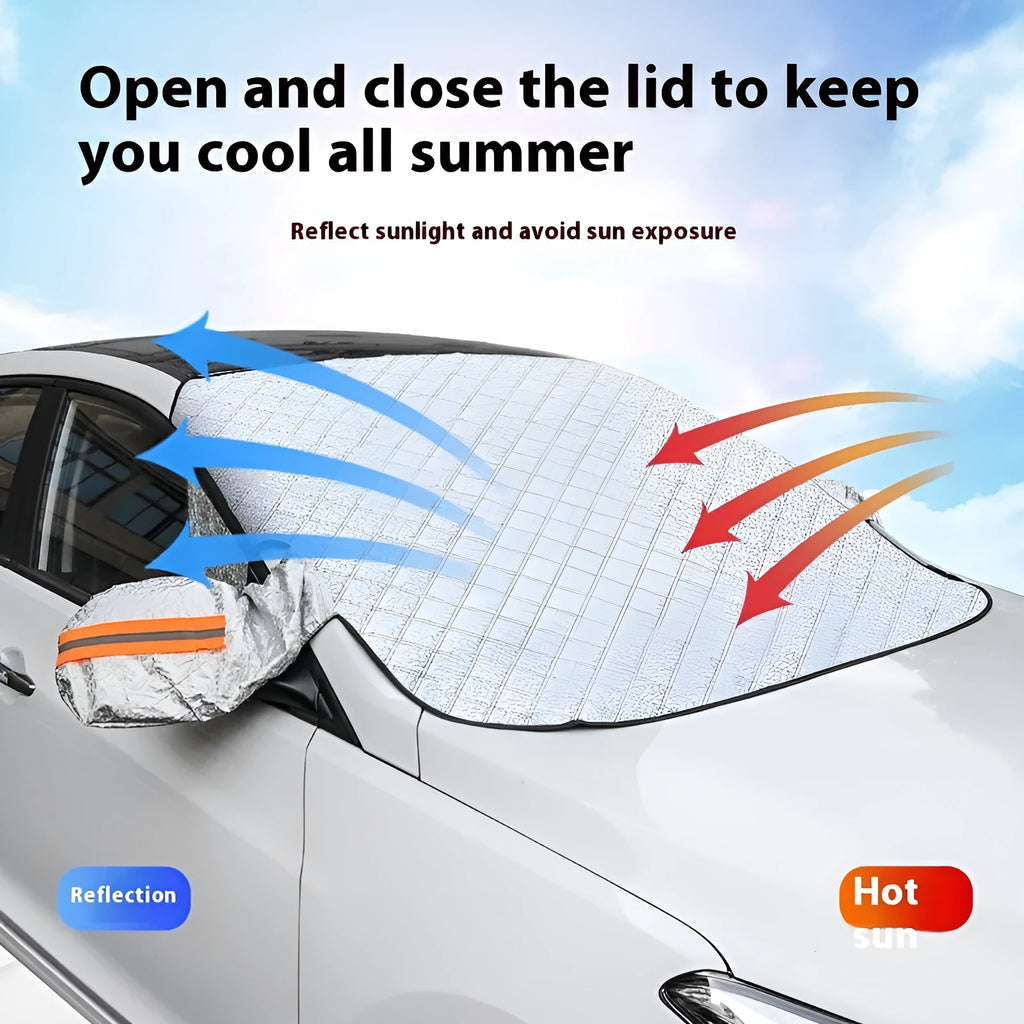 Winter car cover for SUV windshield made of aluminium foil with reflective stripes and magnets.