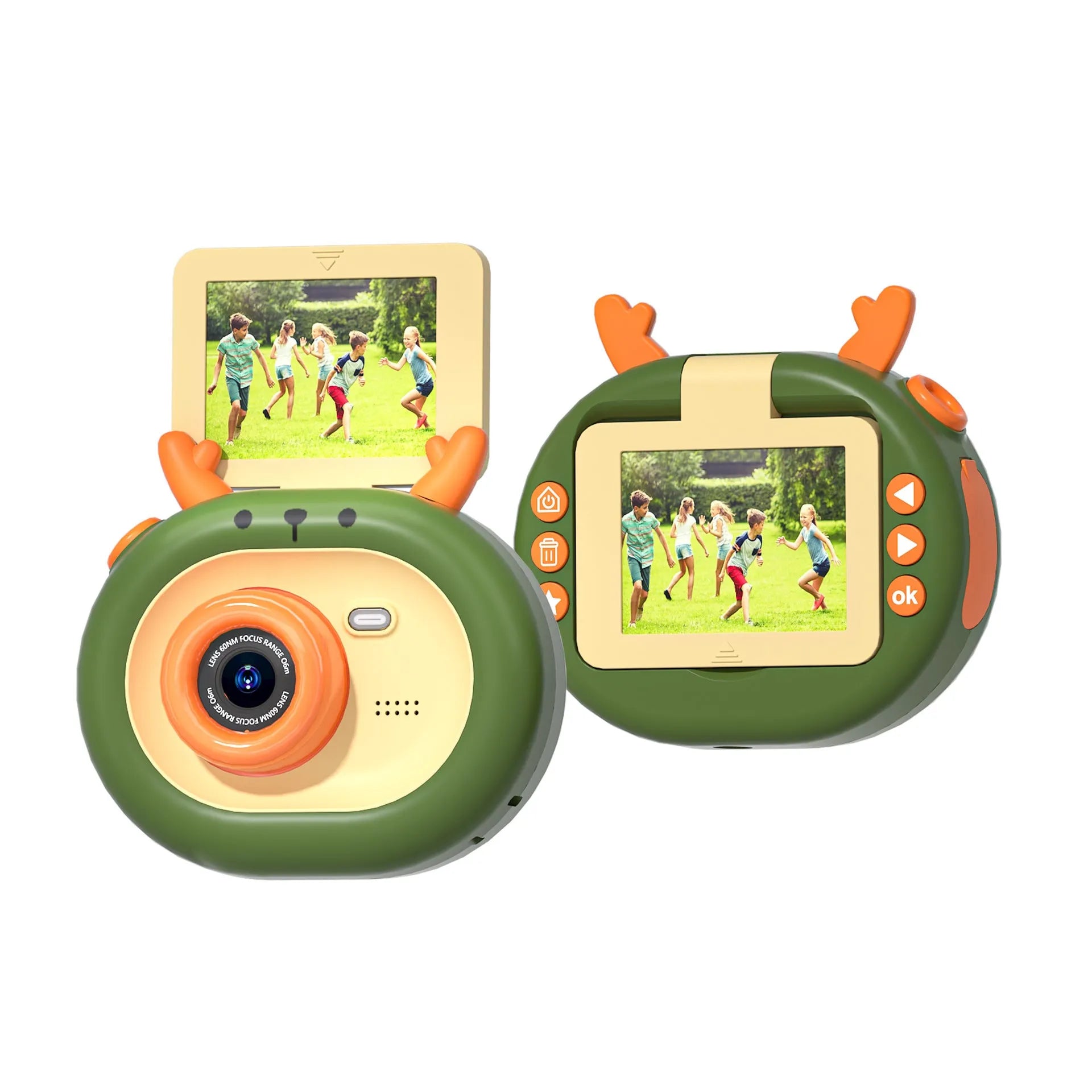 Dark green children's digital camera with flip screen, silicone case, and lanyard on a cartoon map.