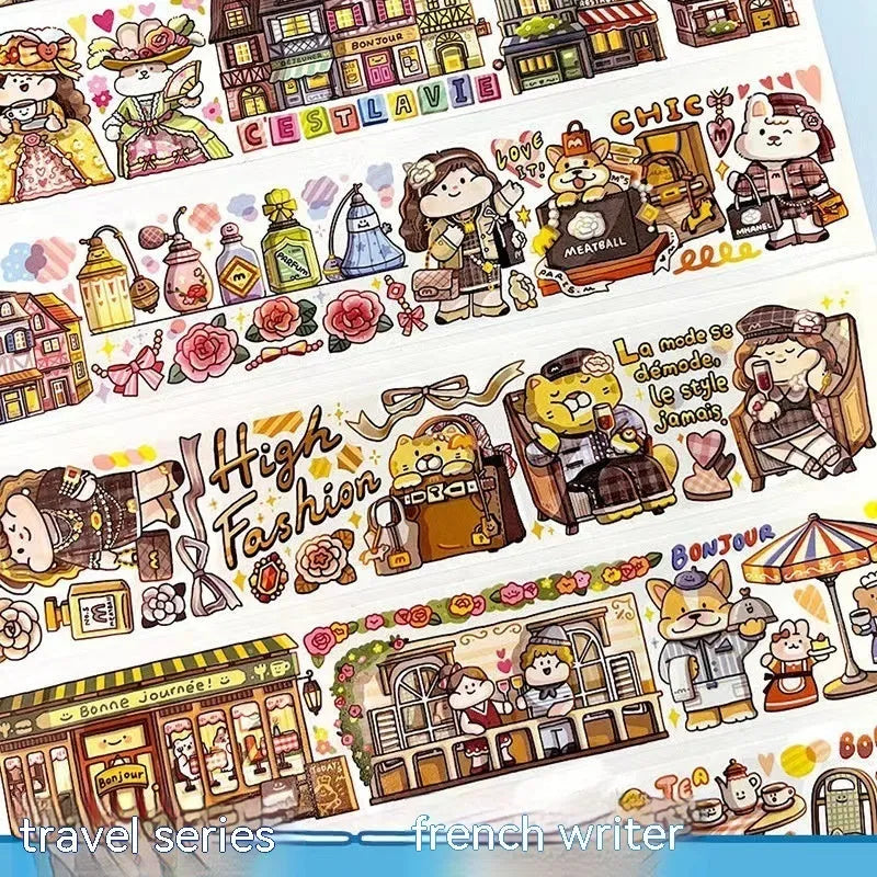 Colourful cartoon character adhesive sticker for sealing haemorrhoid tape packaging on Japanese paper.