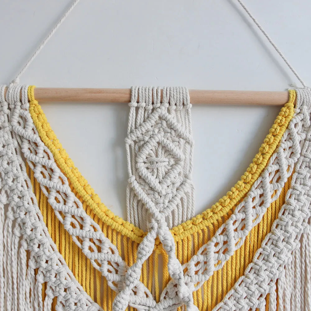 Nordic style hand-woven cotton tapestry rectangular wall hanging creamy white with yellow accents 120x95cm
