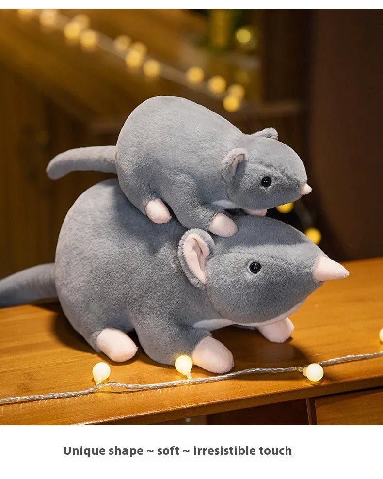 Cartoon-style grey mouse plush doll stuffed toy sitting upright, available in 32cm, 50cm, and 100cm sizes.