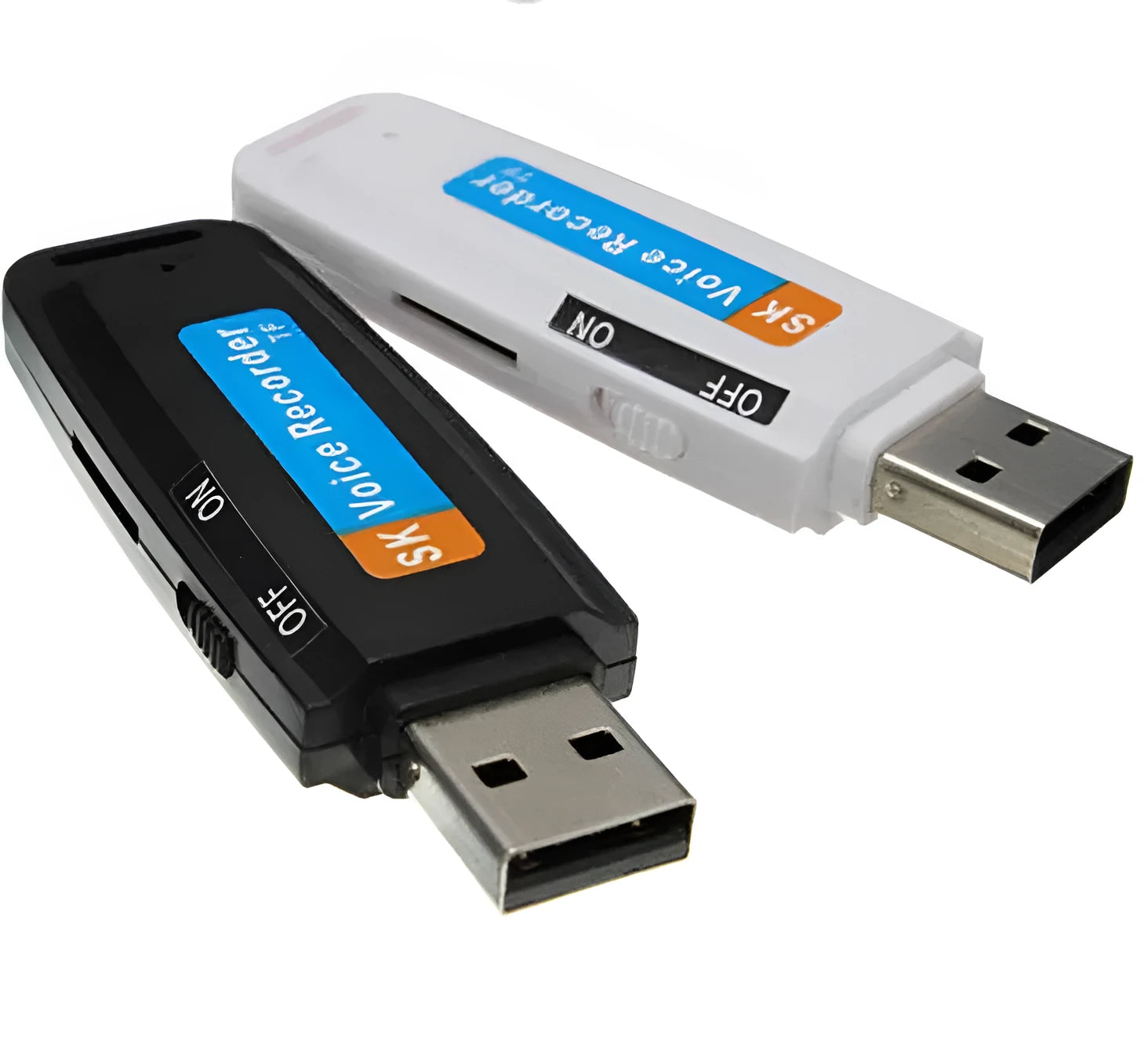 Black and white USB flash drive with voice playback function showing dimensions of 70mm length