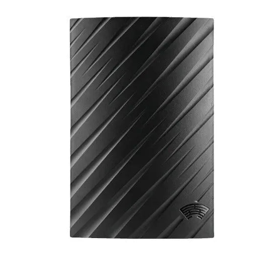Black plastic digital HD television antenna with mounting screws, expansion tubes, cable ties, and adhesive tape.