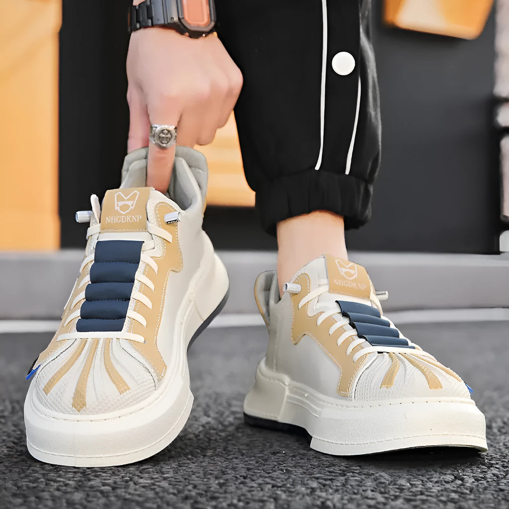 Men's beige low-top casual sneakers with elastic band and round toe