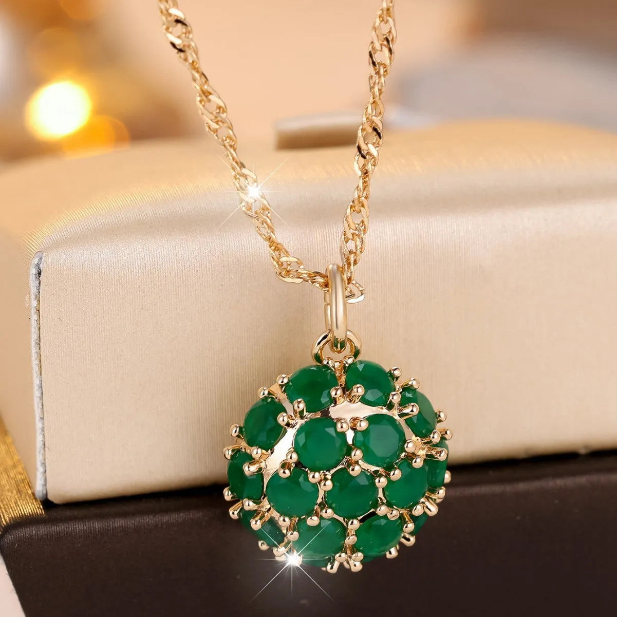 Women's round emerald diamond geometric pendant necklace with champagne gold chain