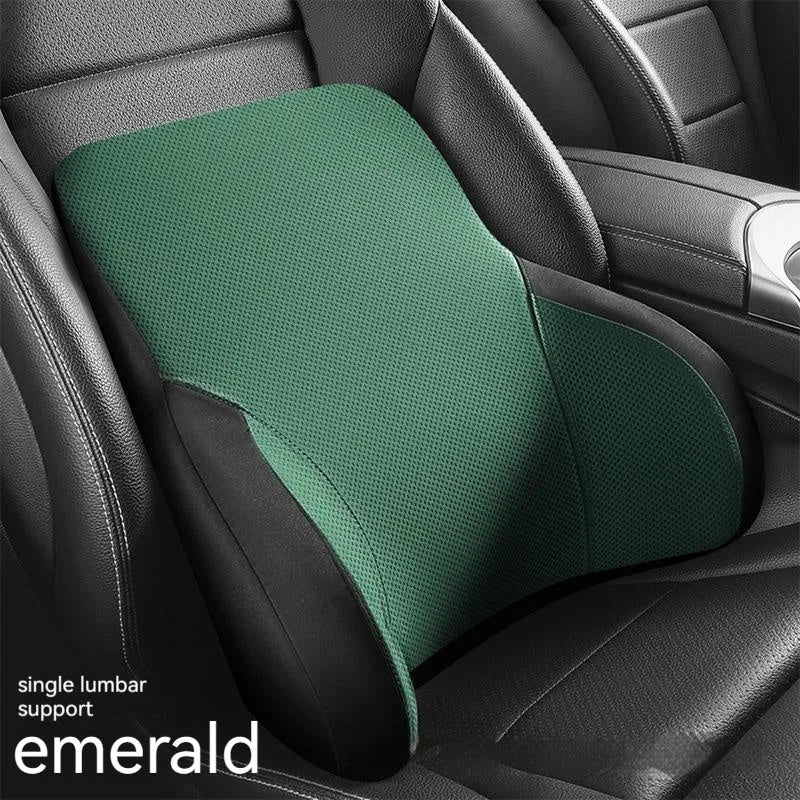 Memory foam and latex car lumbar support pillow and matching headrest with knitted fabric cover.