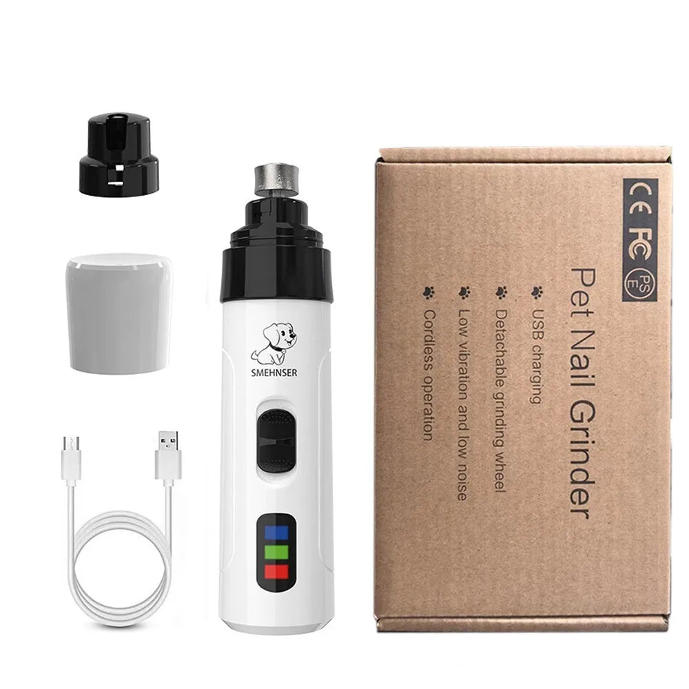 Electric dog nail grinder with LCD screen, LED lights, and dust collection bin on a white background.