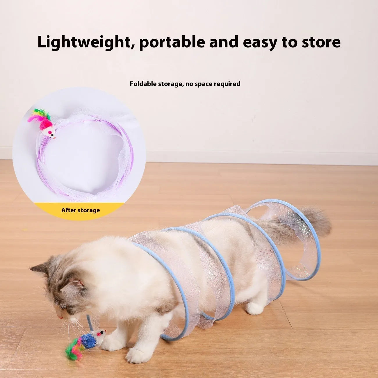 S-type collapsible cat tunnel toy with steel frame, elastic net, and feather attachments.