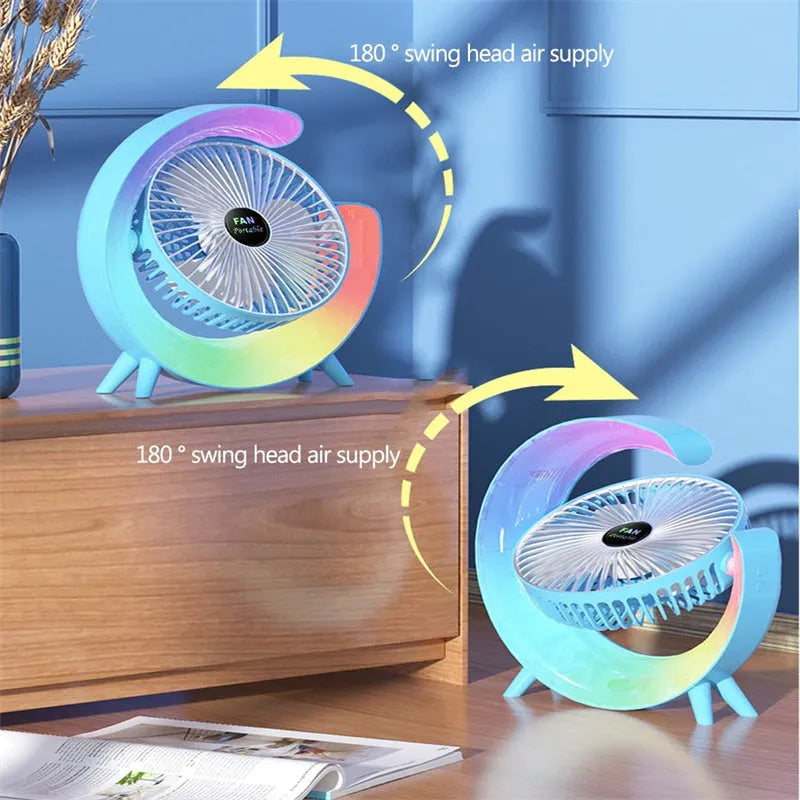 Desktop mini fan with night light in grass green showing 180-degree tilt and USB port
