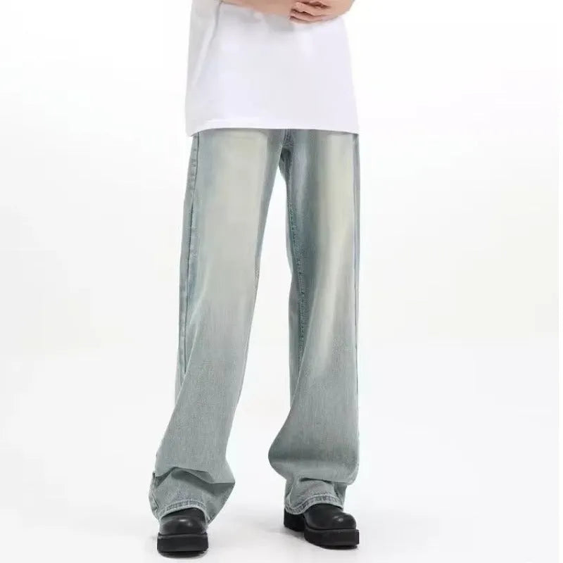 Blue loose-fit retro trousers made from rabbit fur fabric on a hanger.