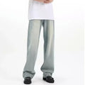 Blue loose-fit retro trousers made from rabbit fur fabric on a hanger.
