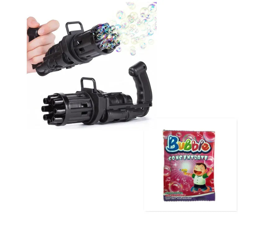 Kids pink bubble machine gun toy with leaf blower design on green grass