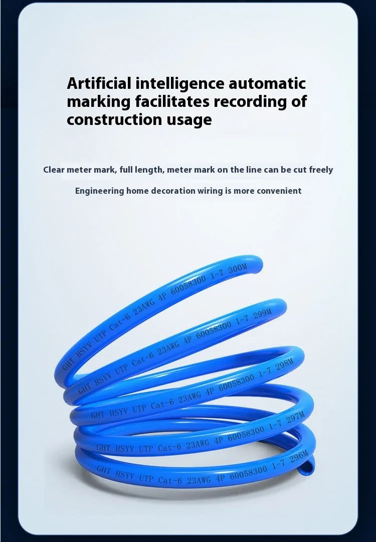 305 metre roll of blue CAT6 network cable with oxygen-free copper core on a spool