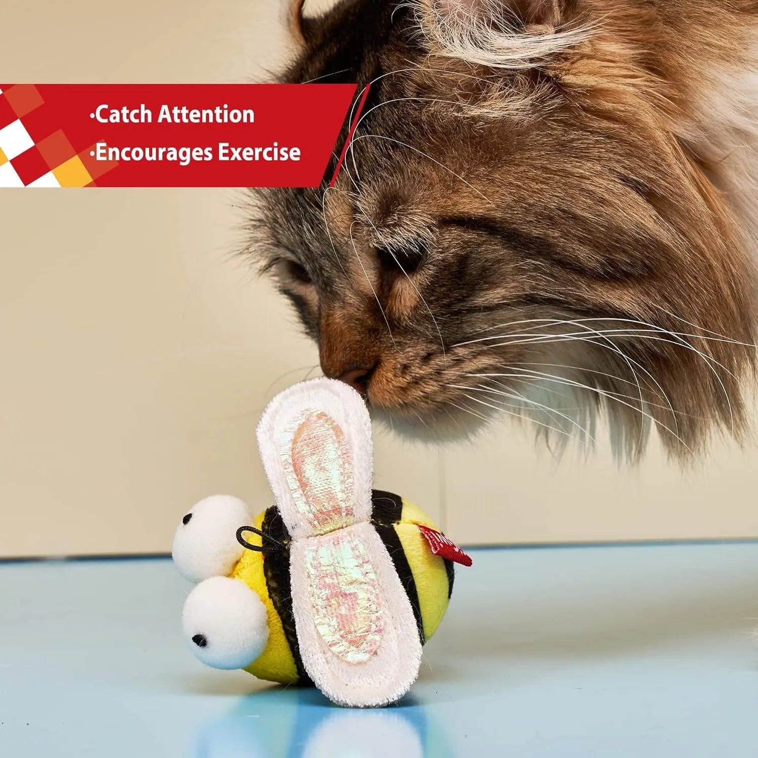 Yellow flannelette bee-shaped electronic cat toy that squeaks when touched