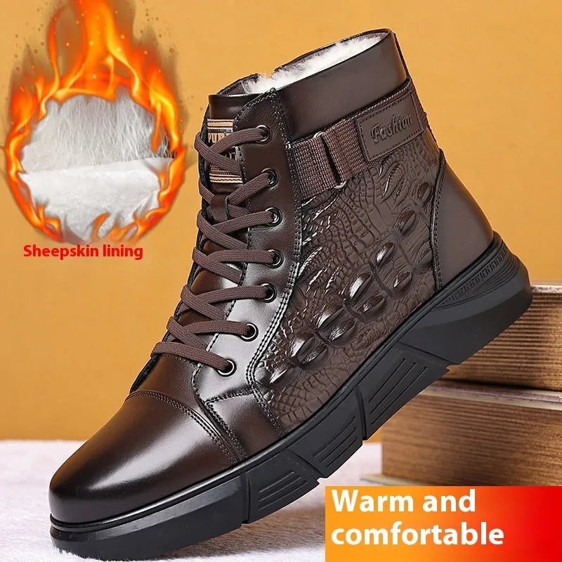 Genuine leather winter boots with fur lining and velvet trim, featuring non-slip rubber soles and front lace-up design