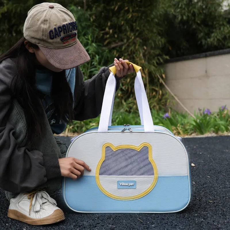Blue foldable cat backpack made from Oxford cloth with contrast colour pattern and shoulder straps
