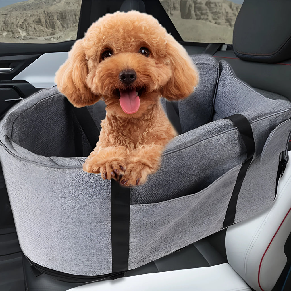 Portable grey cloth dog kennel for outdoor and car travel use.