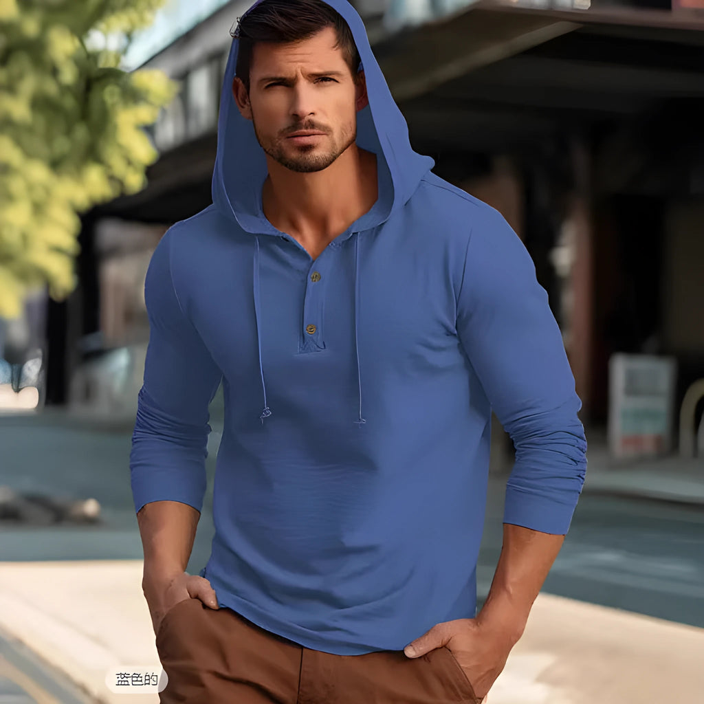 Cotton casual sports hoodie pullover in dark blue colour with long sleeves