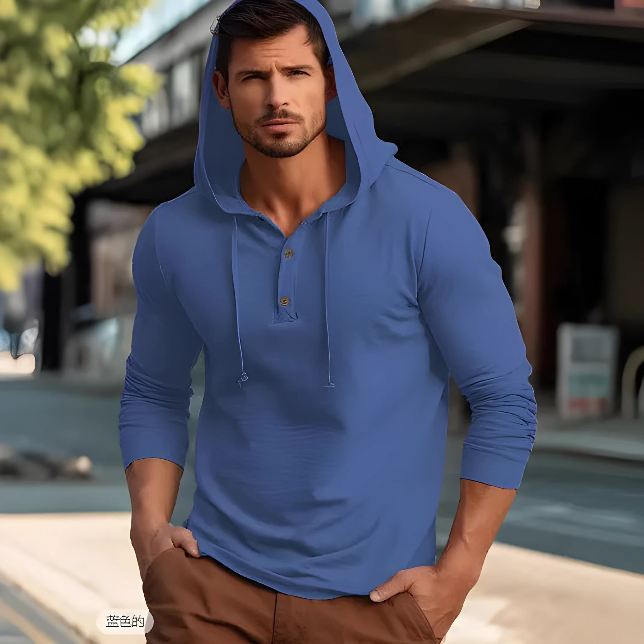 Cotton casual sports hoodie pullover in dark blue colour with long sleeves