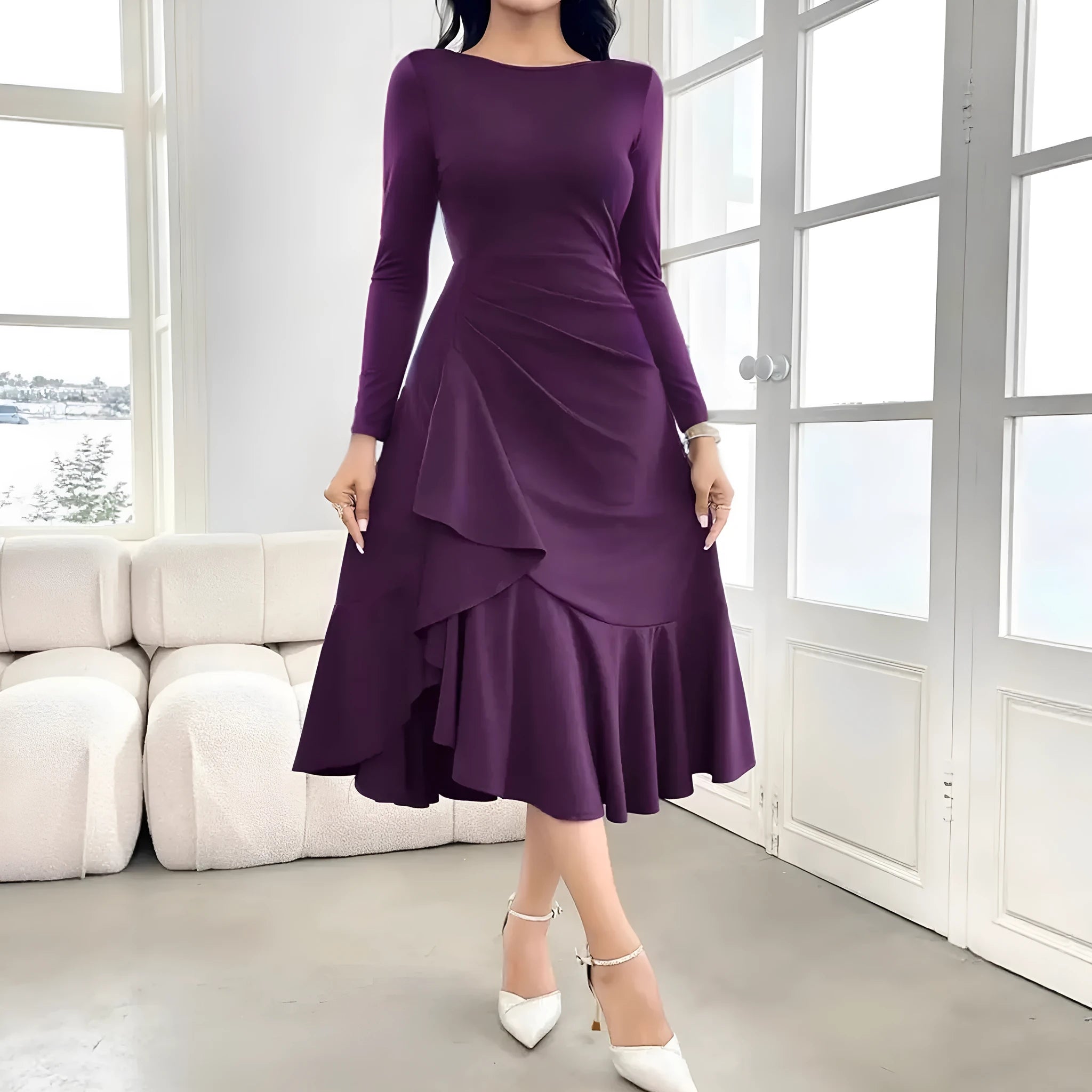 Purple women's long sleeve round neck dress with mid waist and ruffle detailing