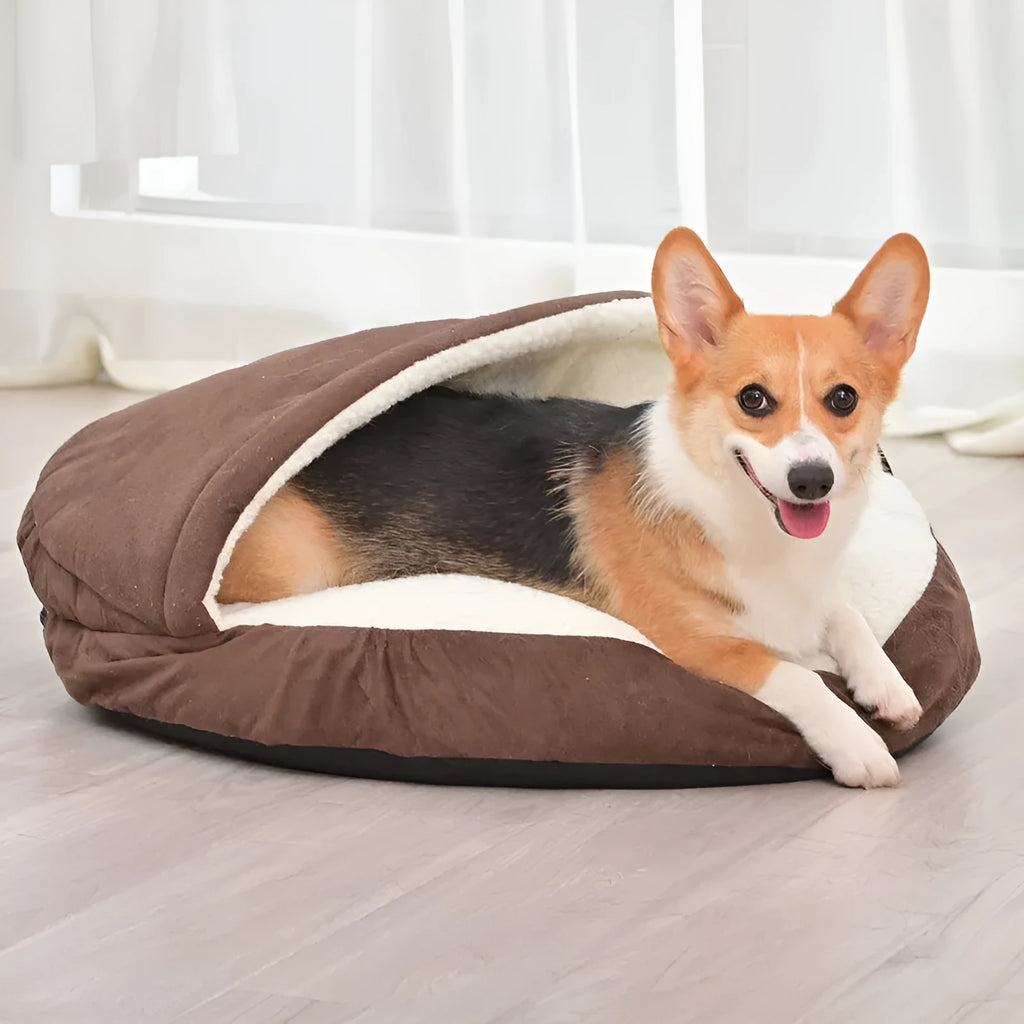 Brown cloth dog kennel with removable washable cover for small to medium dogs.