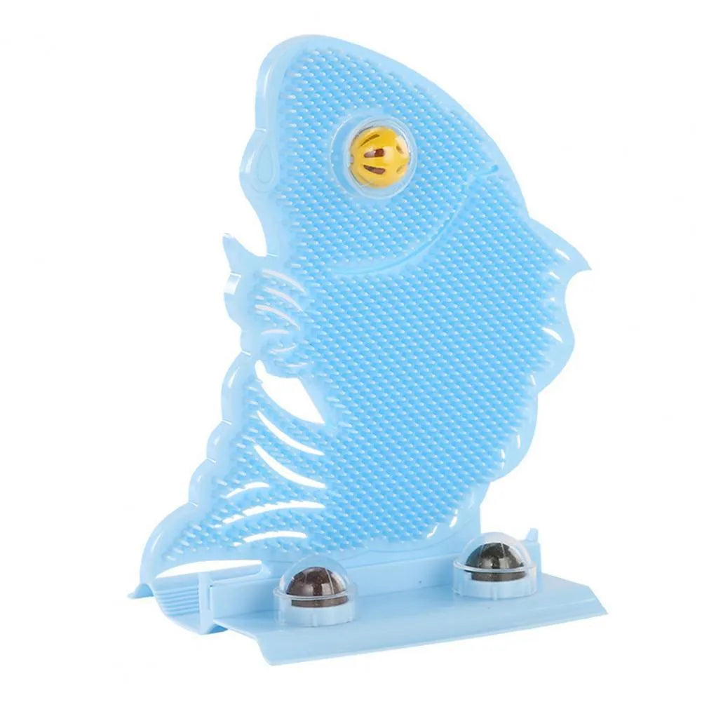 Blue fish-shaped plastic cat wall scratcher with self-grooming brush, catnip balls and mini bell