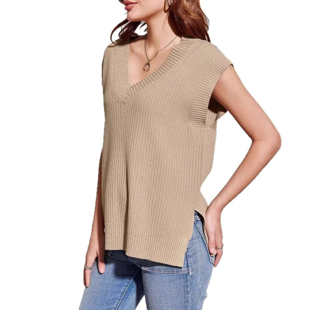 Women's camel colour V-neck sleeveless casual vest in loose fit viscose fabric