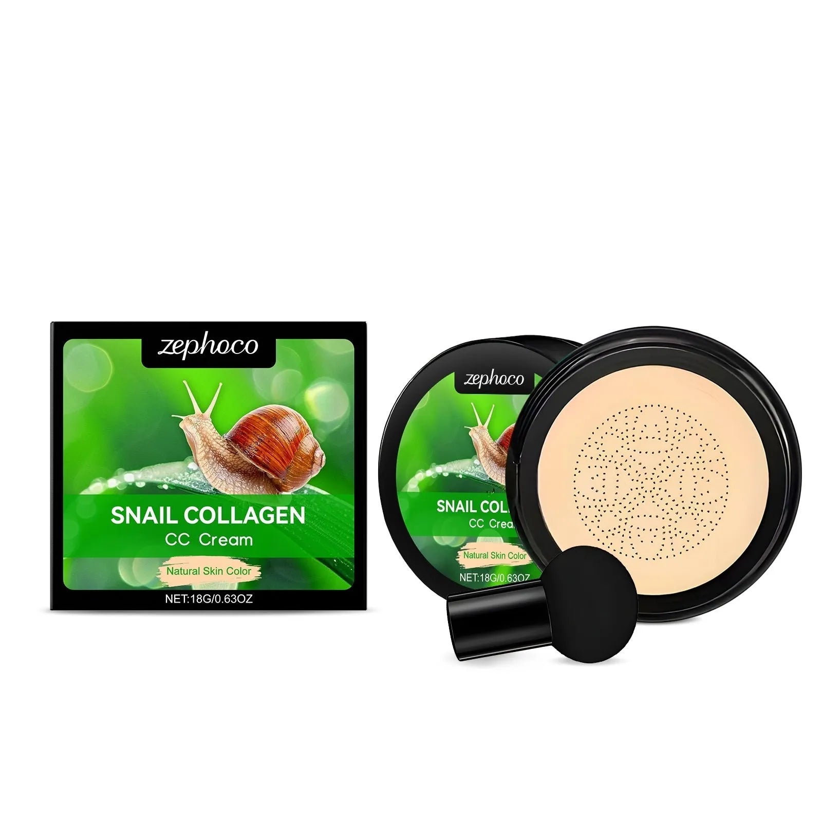 ZEPHOCO moisturising CC cream tube and mushroom powder puff in ivory white or natural colour.