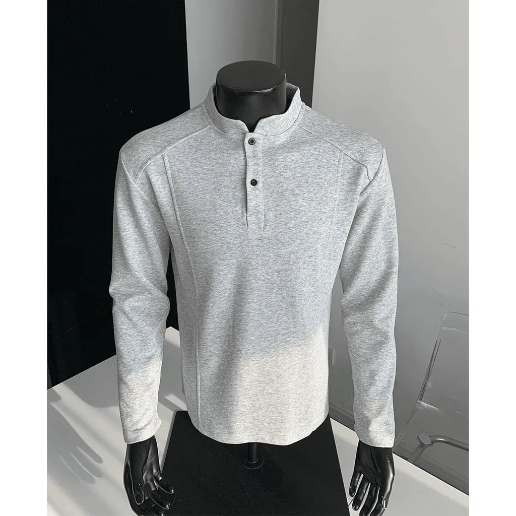 Men's loose-fit polo shirt with an asymmetric patchwork stand-up collar in heather grey