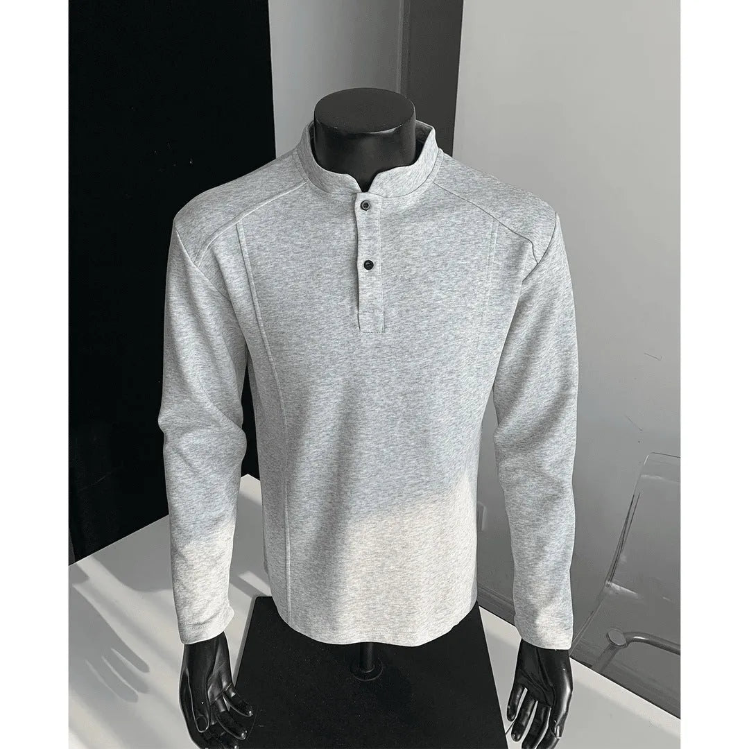 Men's loose-fit polo shirt with an asymmetric patchwork stand-up collar in heather grey
