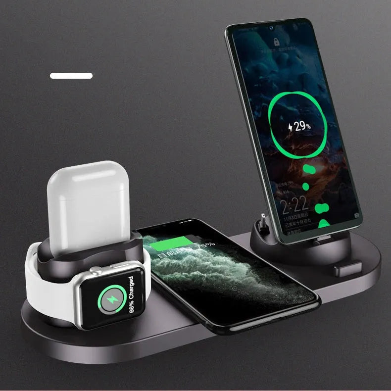 Digital LED alarm clock with night light and magnetic wireless charger in black casing