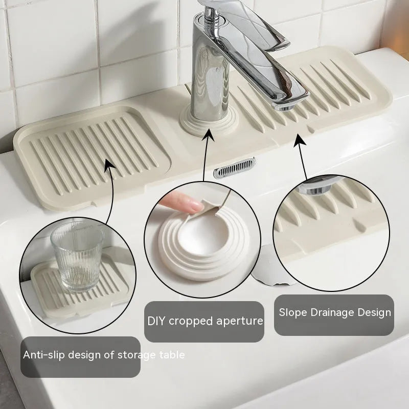 Silicone faucet splash guard pad with sloped drainage design in various colours
