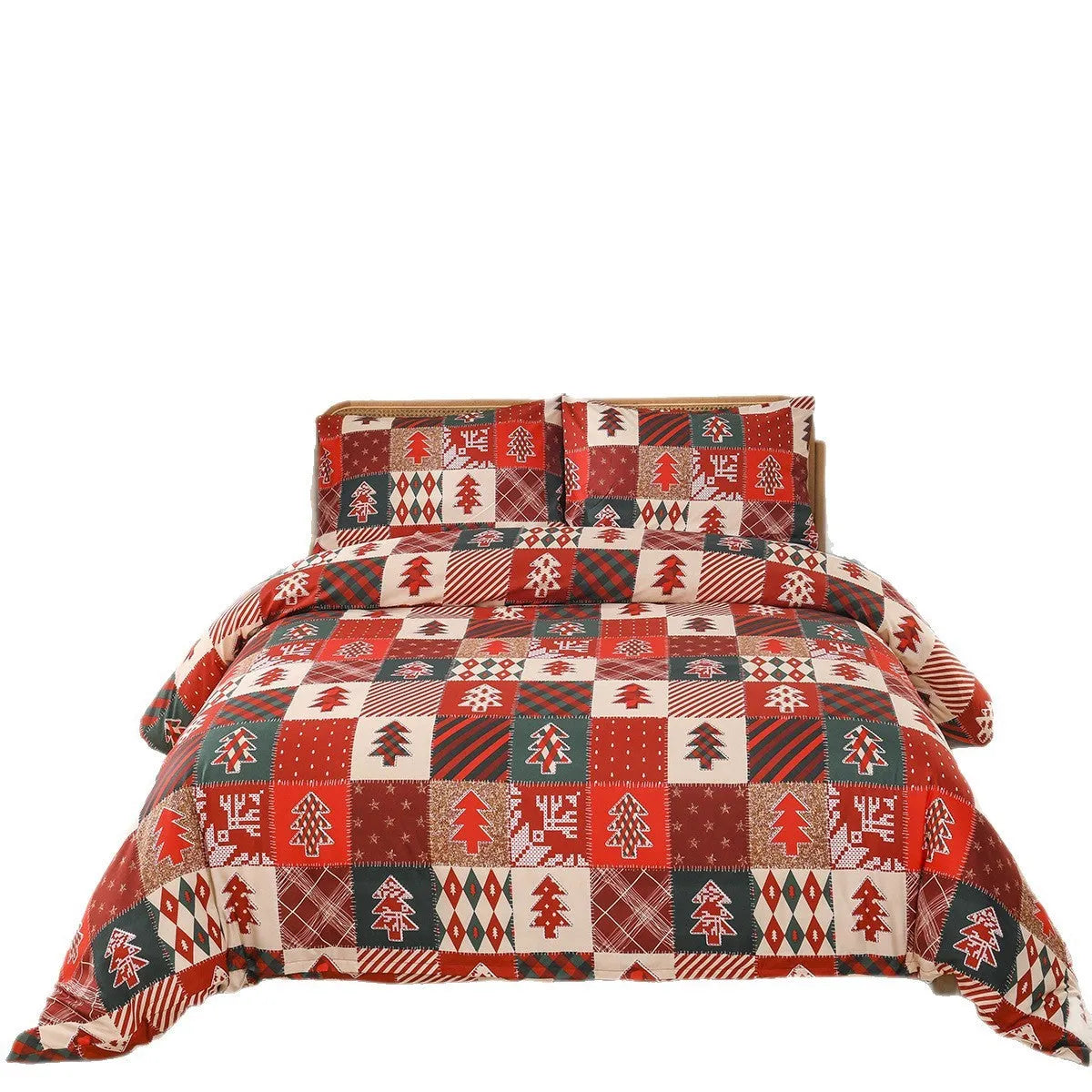 Christmas red plaid pattern on a chemical fibre bedding three-piece set showing quilt cover and pillowcases.